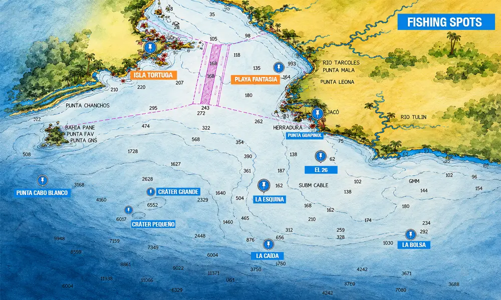 Inshore Fishing Grounds near Jaco Inshore fishing grounds map near Jaco and Los Sueños, Costa Rica
